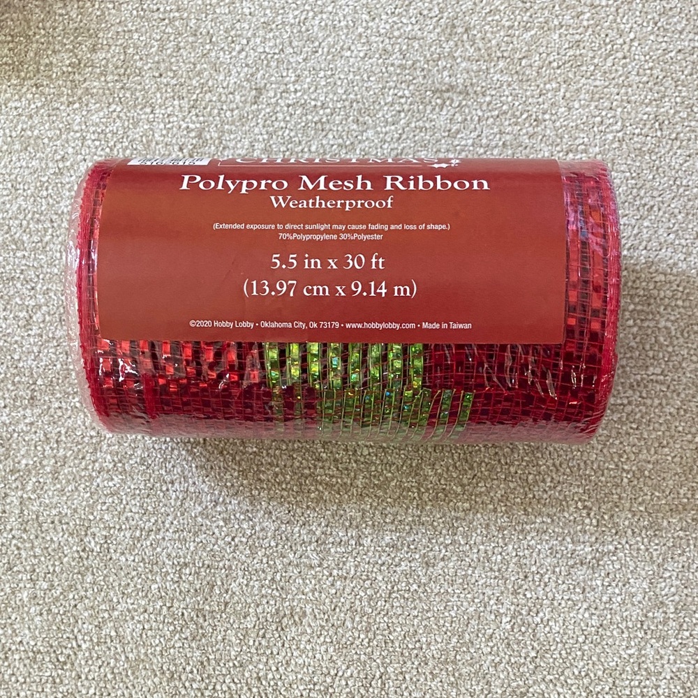 Hobby Lobby Red Mesh Ribbon with Green Holographic Stripe